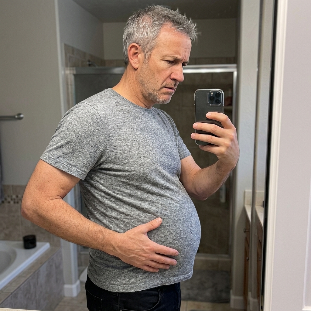 Active man evaluating physical momentum and visceral fat